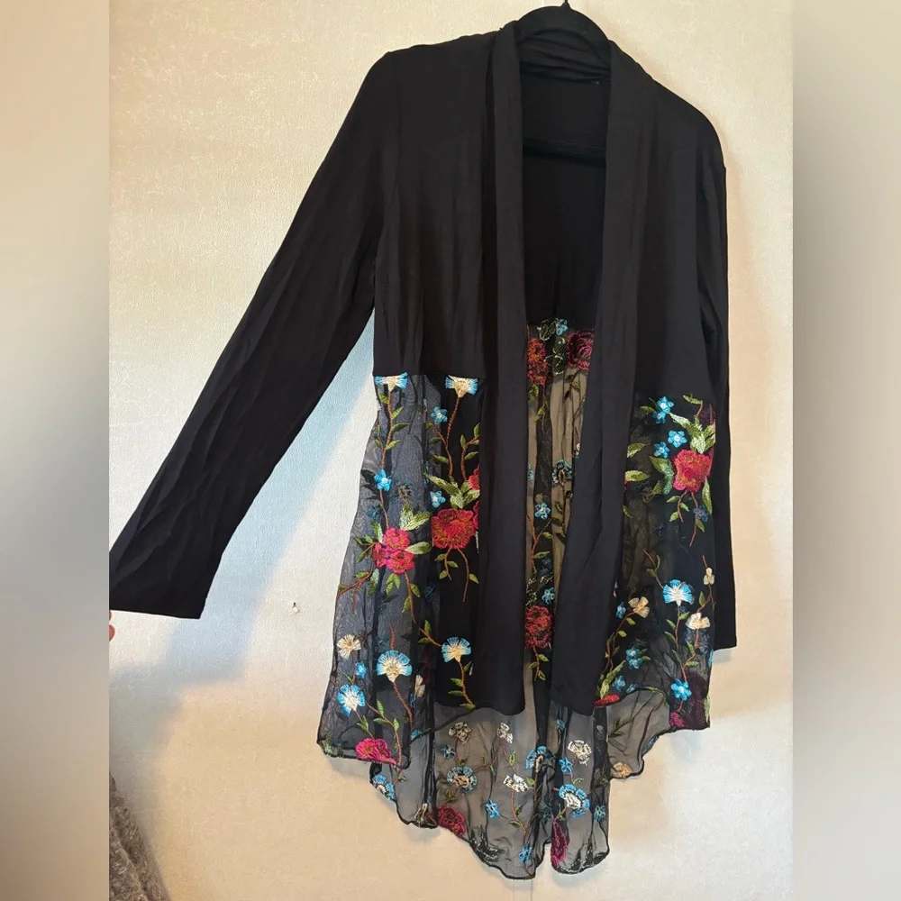 Cha-Cha | Floral Embroidered Black Sheer Cardigan | Size Medium - Picture 2 of 7